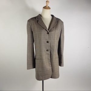 VINTAGE Longline Suiting Wool Navy Tan Plaid Blazer Womens 12
